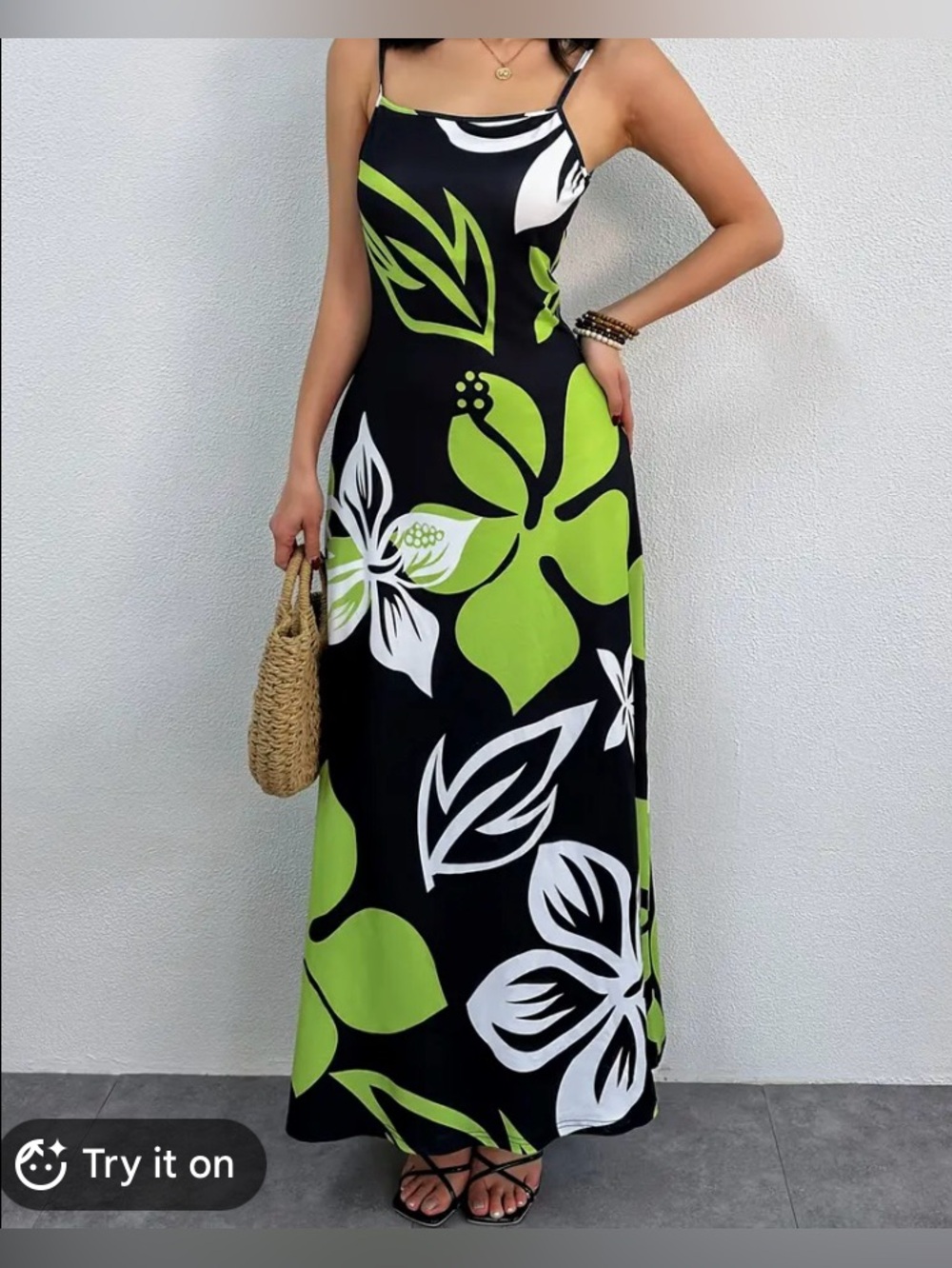 Green & Black Floral Maxi Dress — Sleeveless Spaghetti Strap